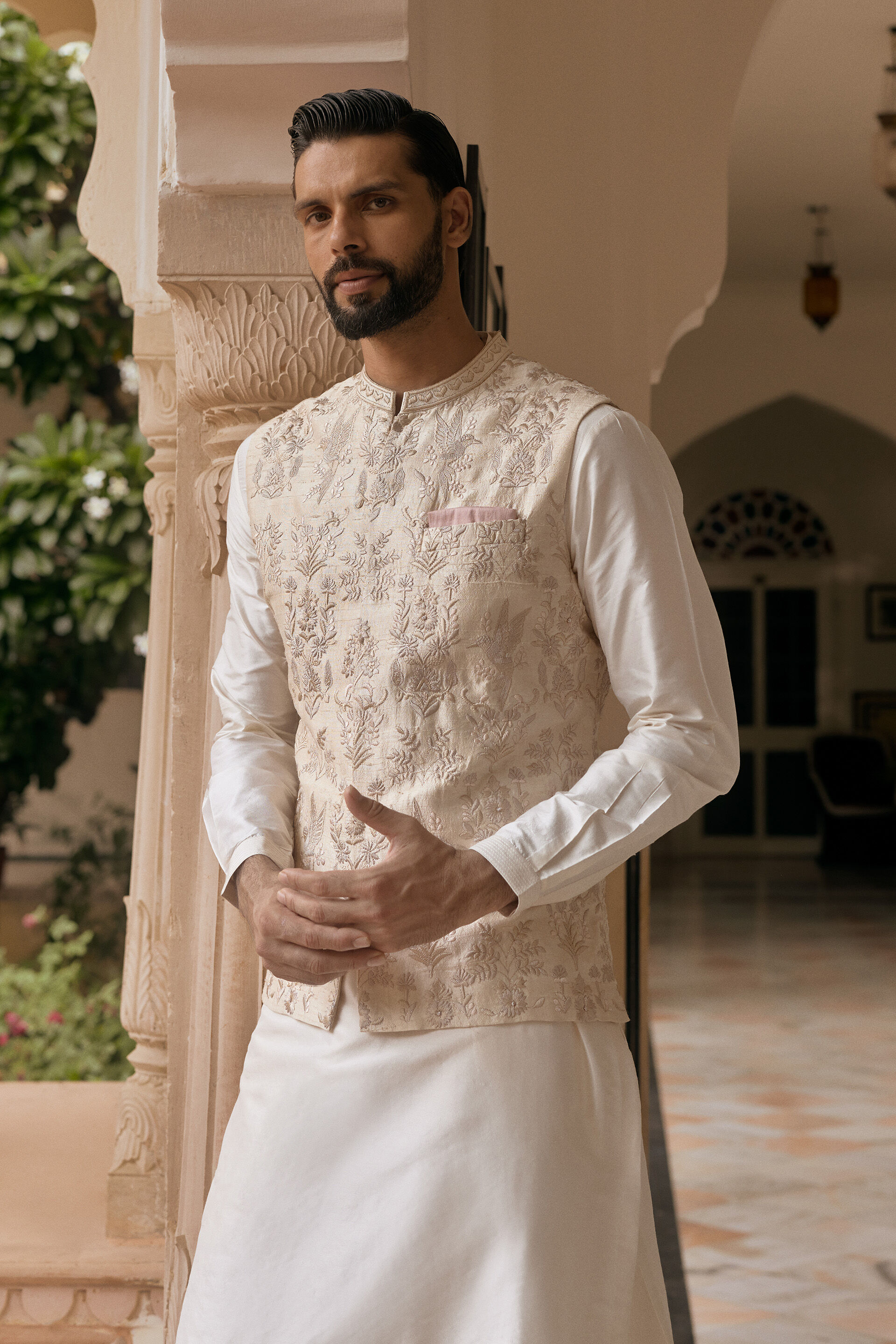 Samar Embroidered Silk Nehru Jacket - Cream, Cream, image 4